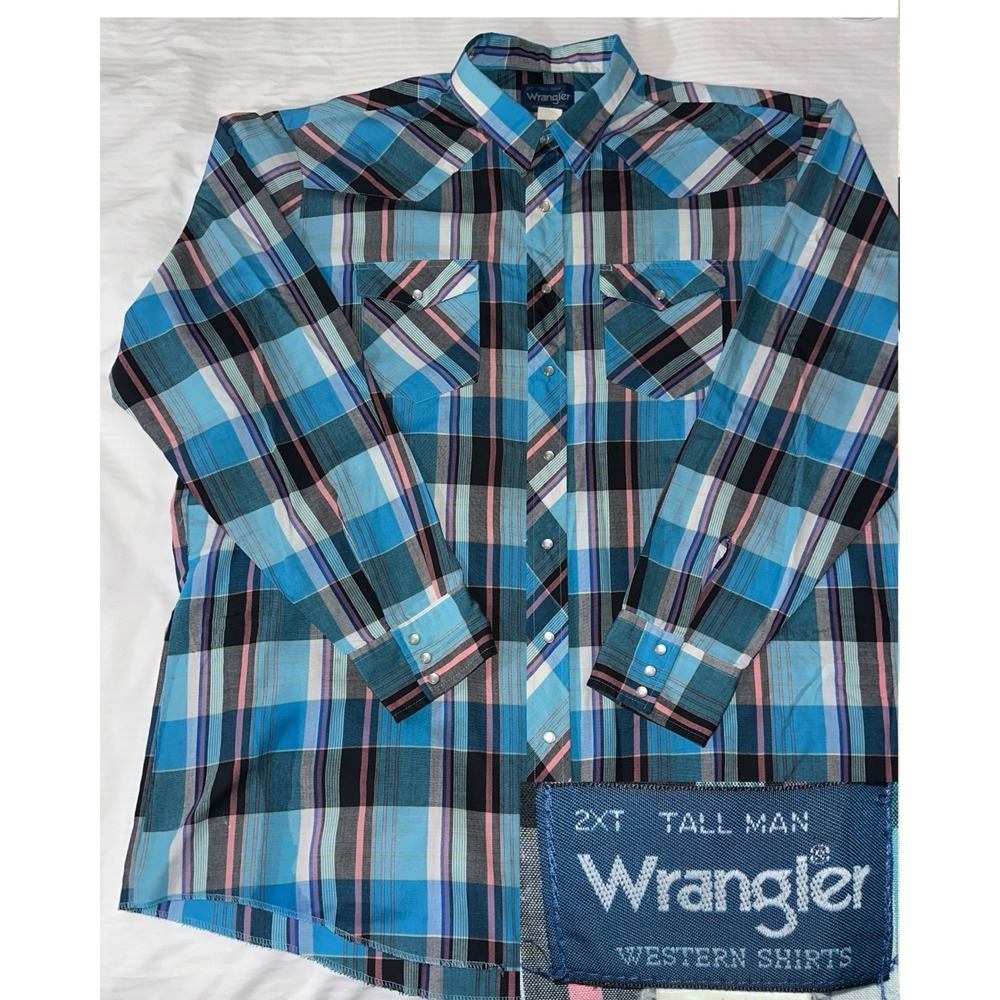 Wrangler Western Shirt Men 2XT Tall Pearl Snap Plaid Blue Pink Cotton Cowboy Vtg